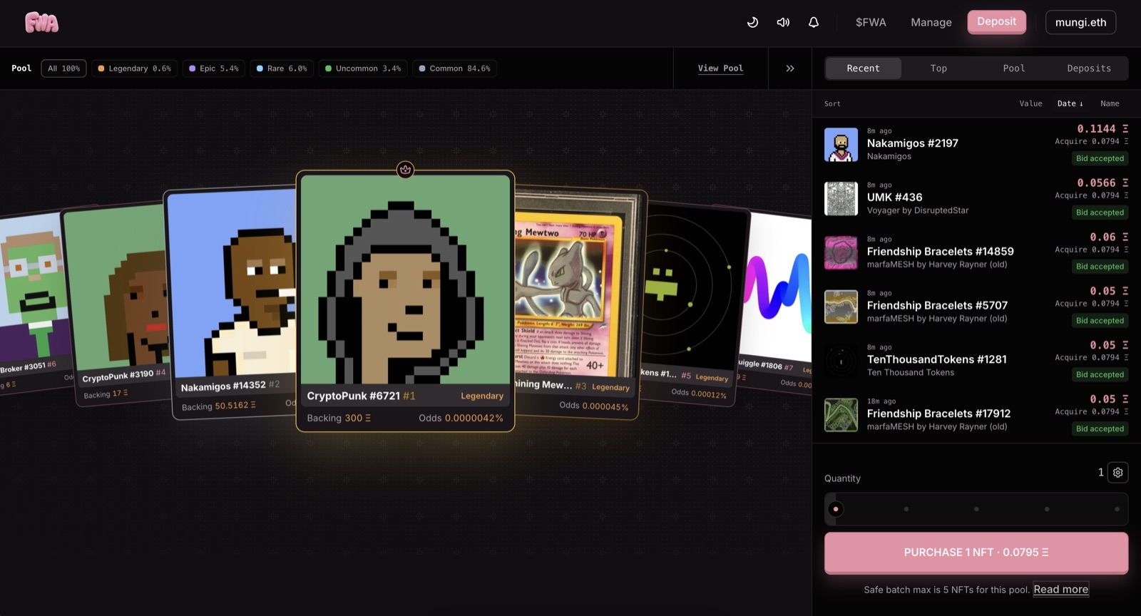 fwa.fun, the puller view: the live pool fanned as cards with the crown listing (CryptoPunk #6721, backing 300 ETH) at center; on the right, recent pulls at ~0.079 ETH each and their settlements, and the purchase panel: PURCHASE 1 NFT · 0.0795 ETH.